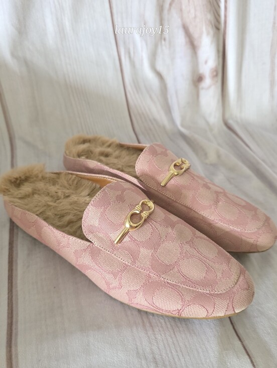 Coach Shoes - Coach Sienna Sherpa Slides Shoes Pink Signature Jacquard Gold Horsebit Womens 6